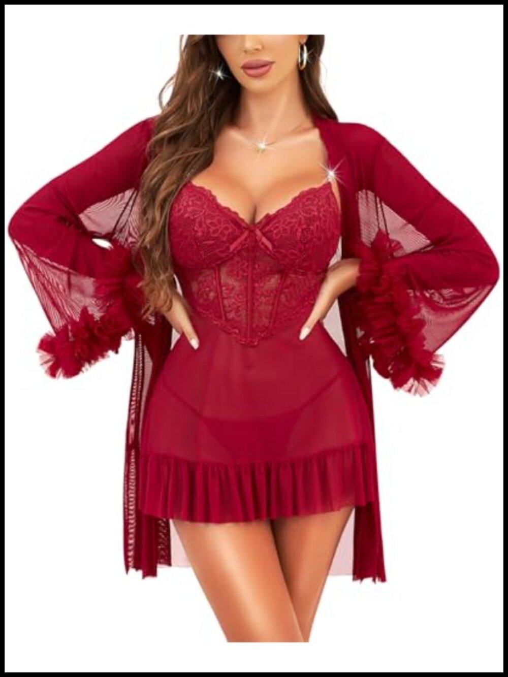 2 Piece Babydoll & Lace Kimono Robe Set Strap Chemise Sleepwear Mesh Nightgown